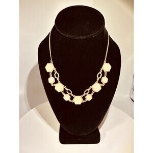 Gold Tone Cream Hexagonal Stone Statement Necklace 19in Lobster Clasp